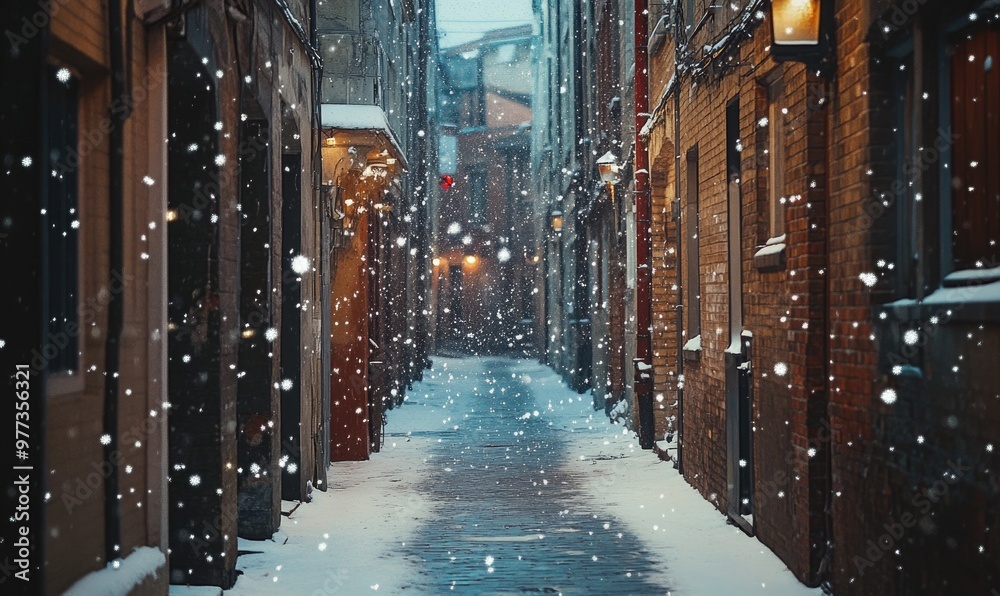 Wall mural a snowy street with a brick building in the background