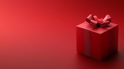 Preparing for the holidays with a red gift box on a red background for Christmas or Valentine's Day. Happy New Year template added.