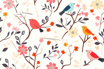 Seamless pattern featuring colorful birds and delicate floral elements on a light background