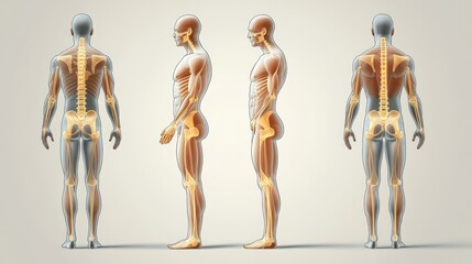 A man's skeleton is shown in four different positions