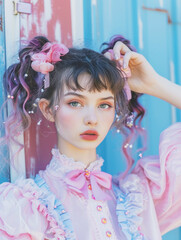 Charming young woman in a kawaii outfit with pigtails and pink accents exudes a playful and whimsical style. Her vibrant fashion captures the essence of youthful girlish charm.