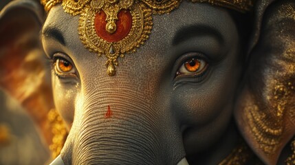 Obraz premium Close-up of a beautifully adorned elephant with intricate jewelry and rich colors, showcasing its expressive eyes and details.