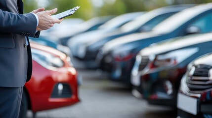 A man in a suit is standing in front of a row of cars, holding a clipboard