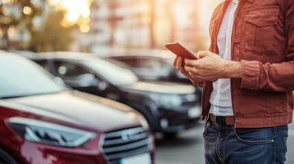 A man is standing in front of a red car and is looking at his cell phone