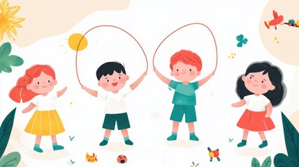 Four cheerful children playing together outdoors, enjoying games with ropes and a ball amidst a vibrant, colorful background.