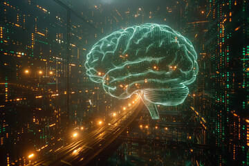 A brain made out of shimmering digital pixels and code,