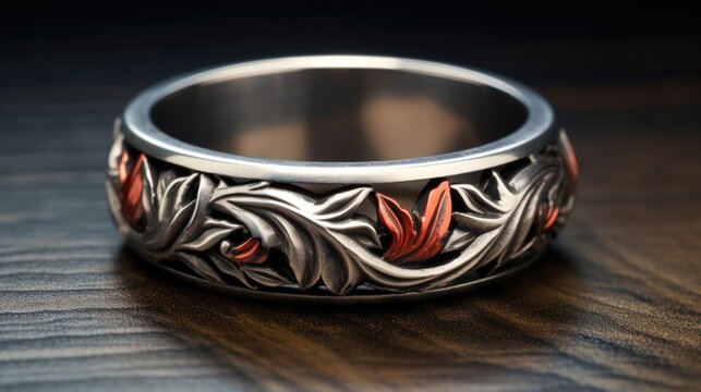 Handcrafted Silver Cufflinks with Leaf Motif and Red CZ Stones