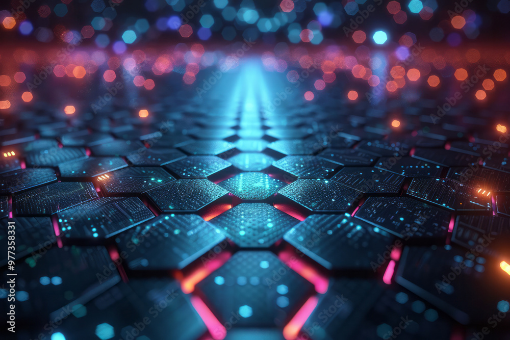 Poster a floating wireframe hexagonal grid extending into the distance,