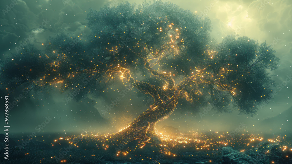 Poster a wireframe tree with branches spreading out in complex patterns,