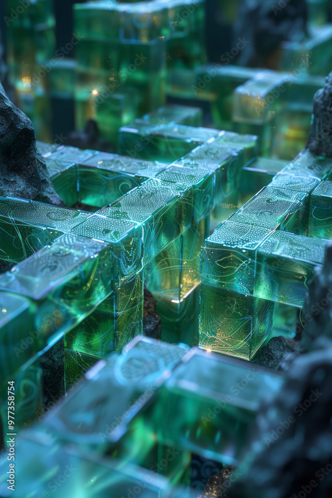 Poster a wireframe design of an intricate maze floating in a dark void,