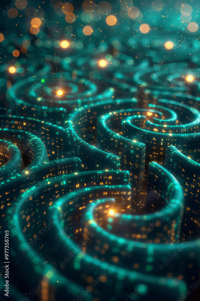 Poster a wireframe design of an intricate maze floating in a dark void,