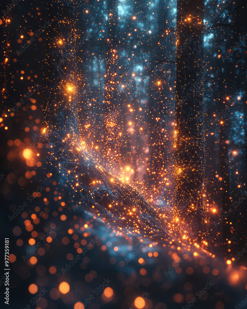 Poster endless rows of data points represented by small glowing dots and lines,