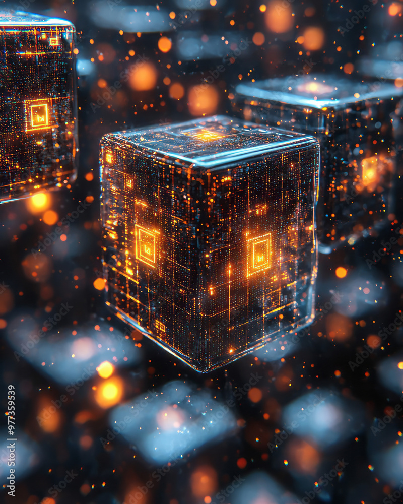 Poster rows of tiny glowing cubes representing data, stacked in a grid-like pattern,
