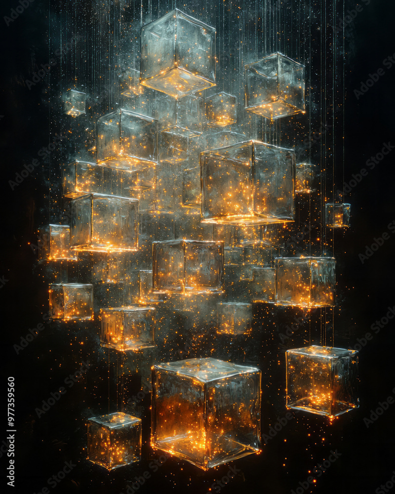 Poster rows of tiny glowing cubes representing data, stacked in a grid-like pattern,