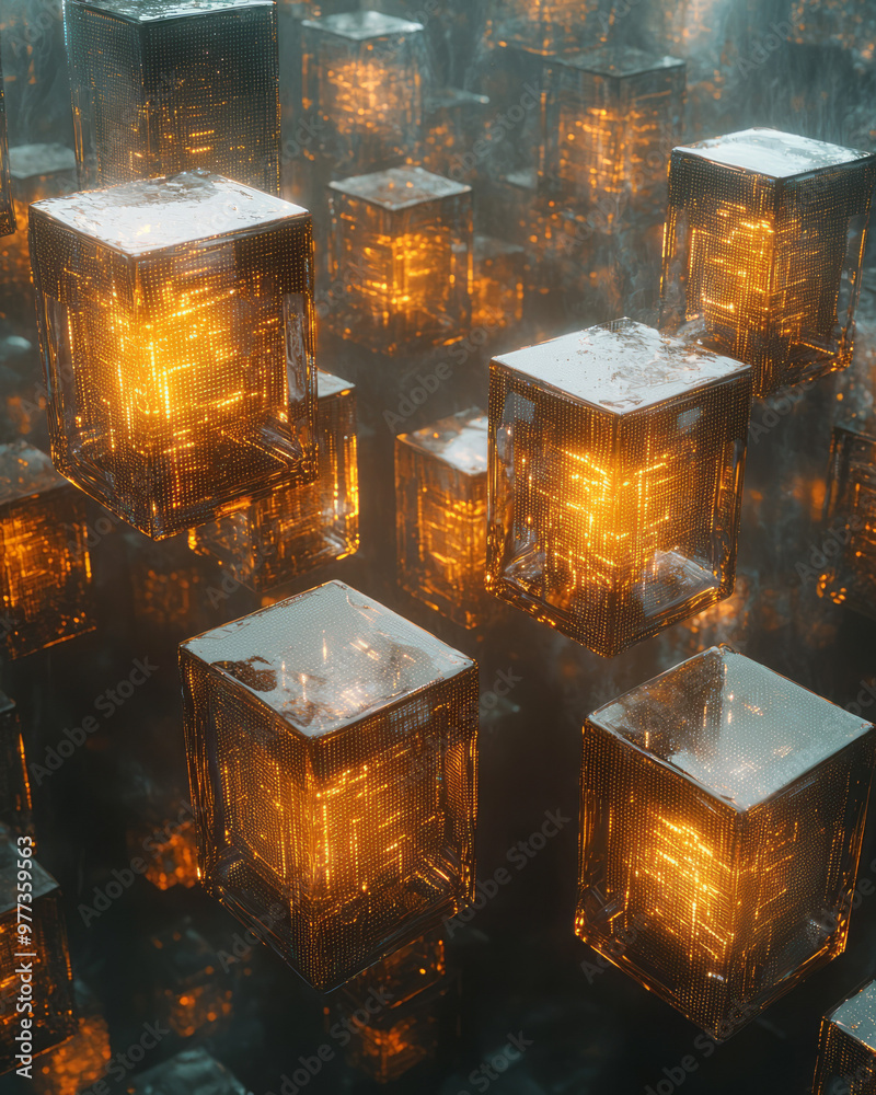 Poster rows of tiny glowing cubes representing data, stacked in a grid-like pattern,