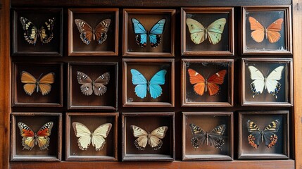 Vintage framed butterfly collection displayed on wooden wall, showcasing diverse butterfly species in antique shadow boxes