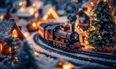 A train is traveling down a snowy track in front of a house
