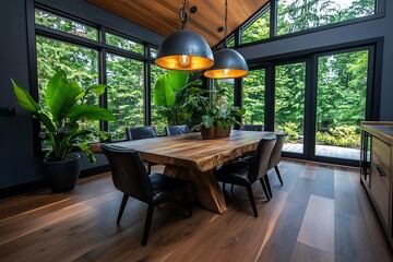 Fototapeta premium A dining room with reclaimed wood furniture, surrounded by large windows and indoor plants for an open, airy feel