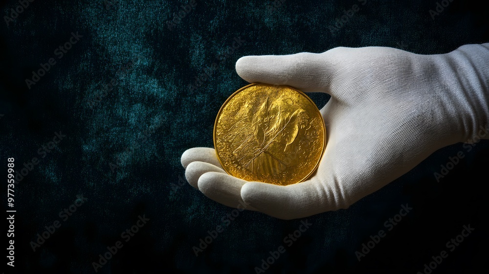 Sticker Medal Presented by Gloved Hand: A gloved hand presenting a gold medal, the medal gleaming brightly against a dark velvet background. 
