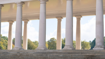 :Majestic antique English white columns from a historic building exterior.
