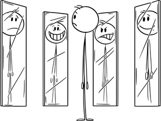 Person looking on various emotions of yourself in mirrors, vector cartoon stick figure or character illustration.