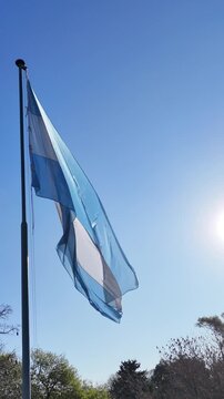 bandera argentina flameando sobre sol, cielo azul	
