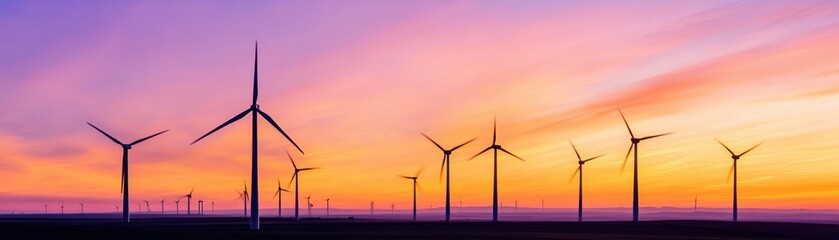 Fototapeta premium Scenic view of wind turbines at sunset, showcasing renewable energy in a vibrant sky filled with hues of orange and purple.