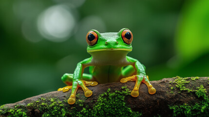 Red Eyed Tree Frog on Branch in Tropical Rainforest
