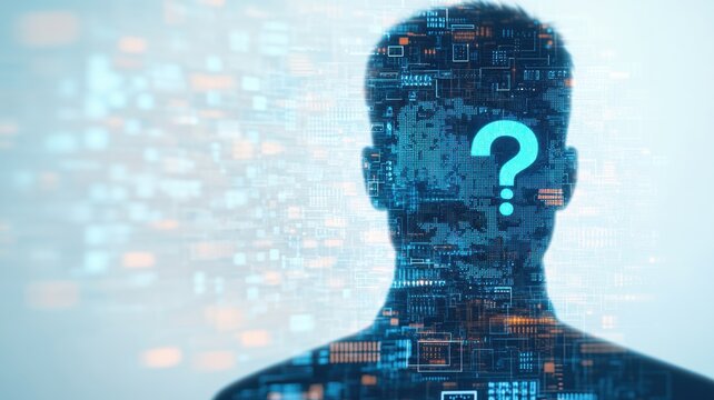 Silhouette of a person with a question mark, symbolizing mystery, identity, and the unknown in a digital world.