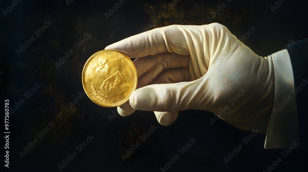 Poster Medal Presented by Gloved Hand: A gloved hand presenting a gold medal, the medal gleaming brightly against a dark velvet background. 
