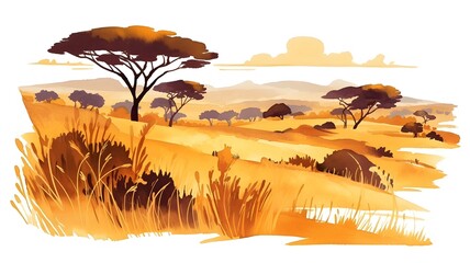 African landscape illustration. Watercolor sketch of safari. Panorama of african desert with acacia tree, grass and mountains.
