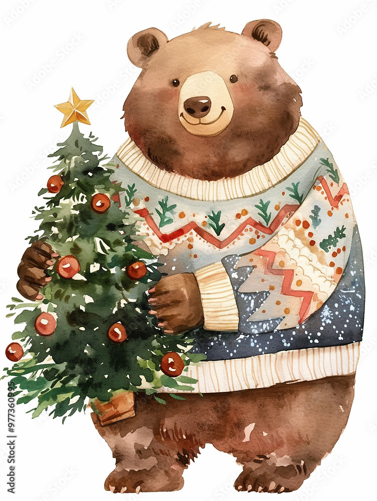 Wall mural A bear is holding a Christmas tree with bells on it. The bear is wearing a red and blue sweater