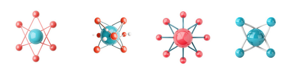 A detailed illustration of molecular structures showcasing the arrangement of atoms and bonds in various configurations. isolated on a transparent background