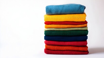 Vibrant Stacked Folded Clothes in Colorful Array Against White Background
