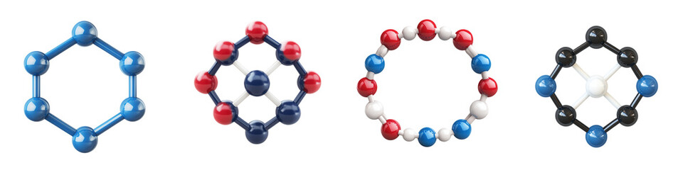 Four molecular models showcasing different chemical structures, ideal for educational and scientific purposes. isolated on a transparent background