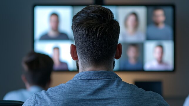 Diverse group of founders in a video call, only the back of their heads showing on screen, remote collaboration, virtual startup ecosystem