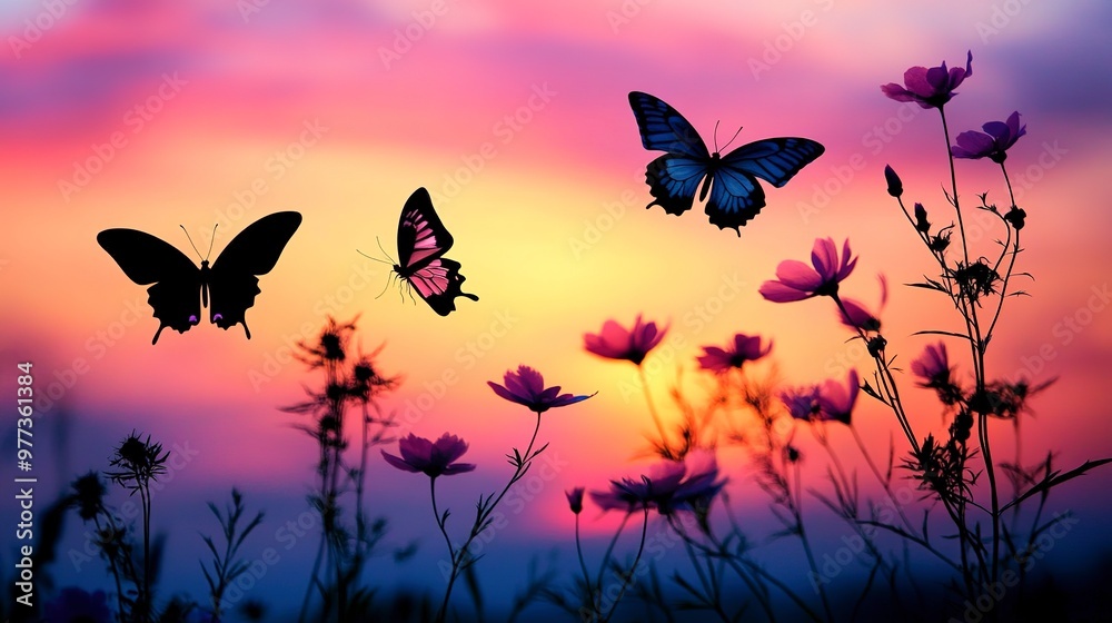 Sticker Silhouettes of butterflies and flowers against a vibrant sunset sky, creating a serene and enchanting natural scene. 