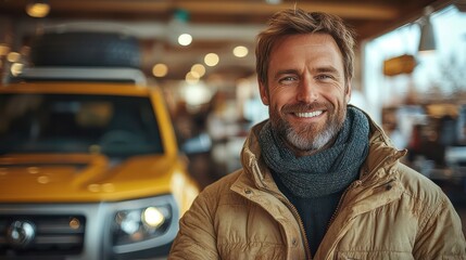 A man is smiling in front of a yellow car