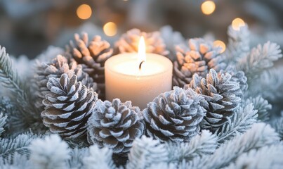 A candle is lit in a pine cone arrangement