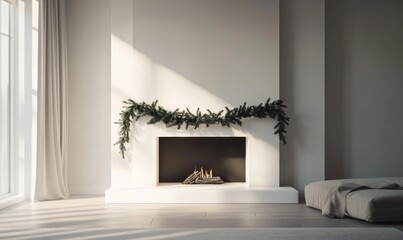 A fireplace with a green wreath on it in a white room