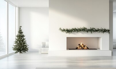 Fototapeta premium A white room with a fireplace and a Christmas tree