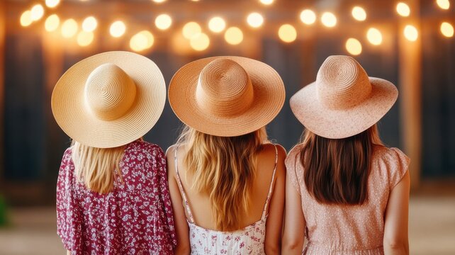 Three stylish women in hats stand together, illuminated by warm, twinkling lights, enjoying a carefree moment outdoors.