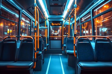 Fototapeta premium Bright and Spacious Modern City Bus Interior Scene with Empty Comfortable Seats