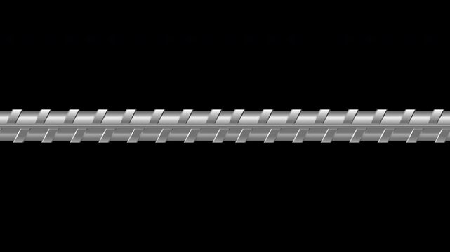 Realistic metal bar animation. Metal rebar. Seamless steel rebar. Metal rod. 4K seamless loop animation. Transparent background with alpha channel