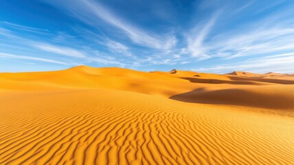 Vast desert landscape with golden sand dunes under a clear blue sky. Perfect for travel and nature themes.