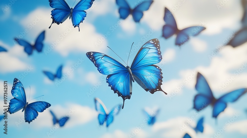 Sticker many flying blue butterflies on a sky background. insects. Flora and fauna