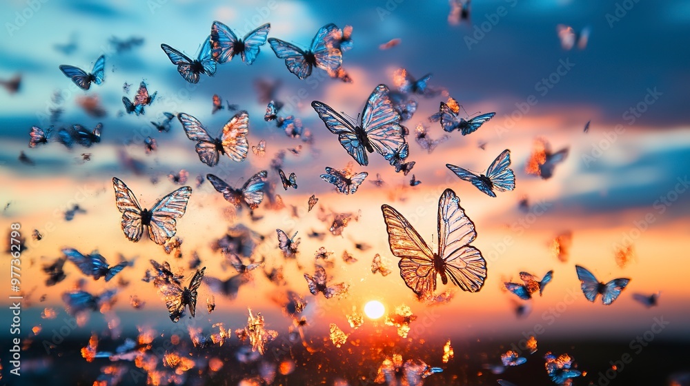 Sticker Glass butterflies against a radiant sunset, their delicate wings catching the last rays of daylight. A sense of magic and wonder, as the butterflies seem to dance in the fading light.