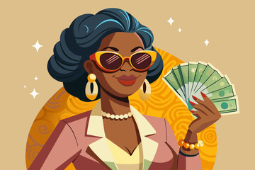 Fototapeta premium Cheerful lady earns a lot and looks at the first salary in hands with a shock