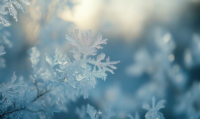A snowflake is captured in a close up of a branch