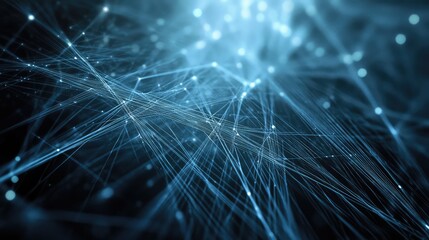 Pulsating light beams forming an abstract web of interconnected lines in a dark void.